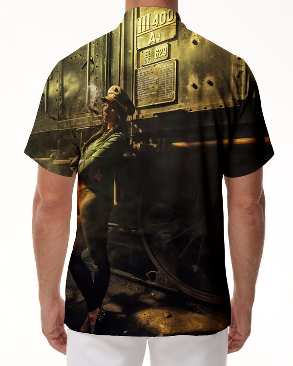 
European and American train personnel tropical Hawaii men's retro lapel shirt casual button shirt short sleeve vacation beach
                