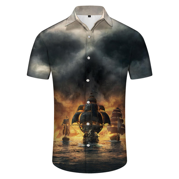 
Brand new men's pirate ship print casual hawaiian button down shirt short sleeve clothing pattern mixed color
                