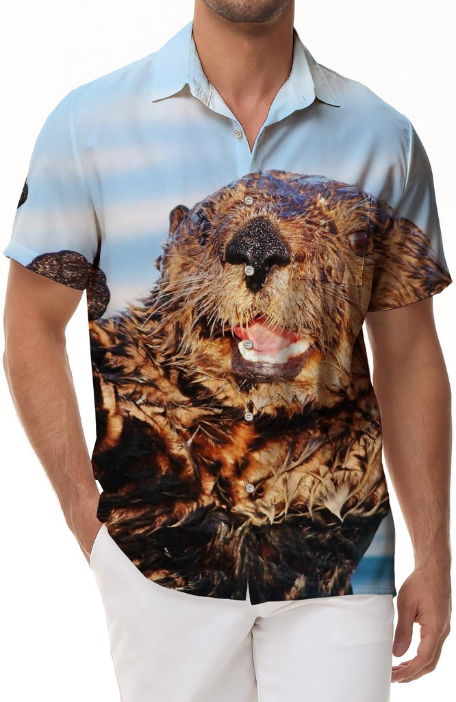Funny Beaver Animal Men's Retro Collar Shirt Casual Button Shirt Short Sleeve Holiday Beach