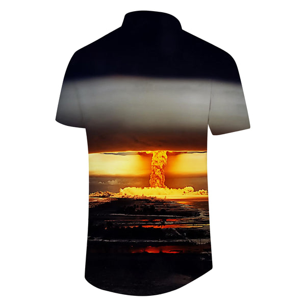 
War nuclear bomb huge explosion mushroom cloud men's short sleeve Hawaiian print shirt summer beach button
                