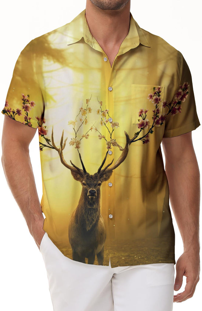Golden Peach Blossom Antlers Men's Short Sleeve Hawaiian Print Shirt Summer Beach Button Shirt Four Seasons