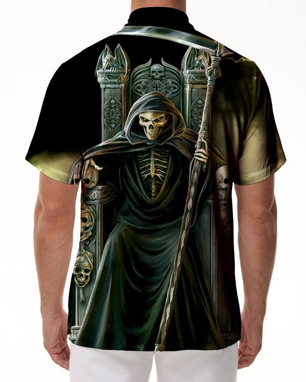 
Rap new men's casual button-down shirt with printed personality black skull short-sleeved shirt
                