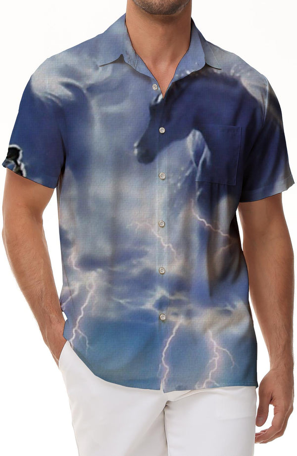Monster Lightning Light Print Men's Front Pocket Hawaiian Shirt Short Sleeve Button-Up Beach
