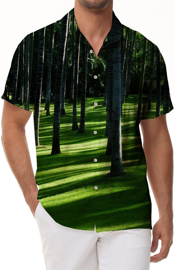 Green Forest Mens Fashion Hawaiian Shirt Casual 3D Printed Shirt Summer Loose Short Sleeve Tops Trendy Lapel Button Beach