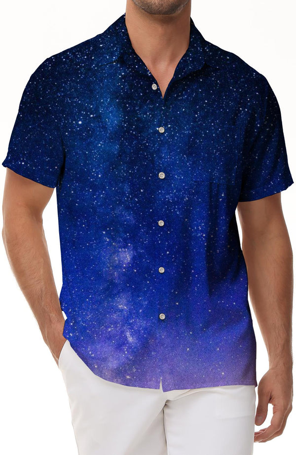 Navy blue galaxy street casual four seasons button lapel Hawaiian shirt men's starry sky casual short sleeve button shirt beach clothing