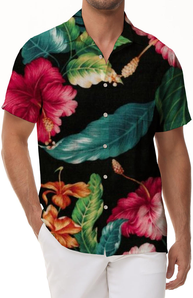 Men's trendy casual style short-sleeved beach shirt retro fun Hawaiian print lapel button-down shirt short sleeves