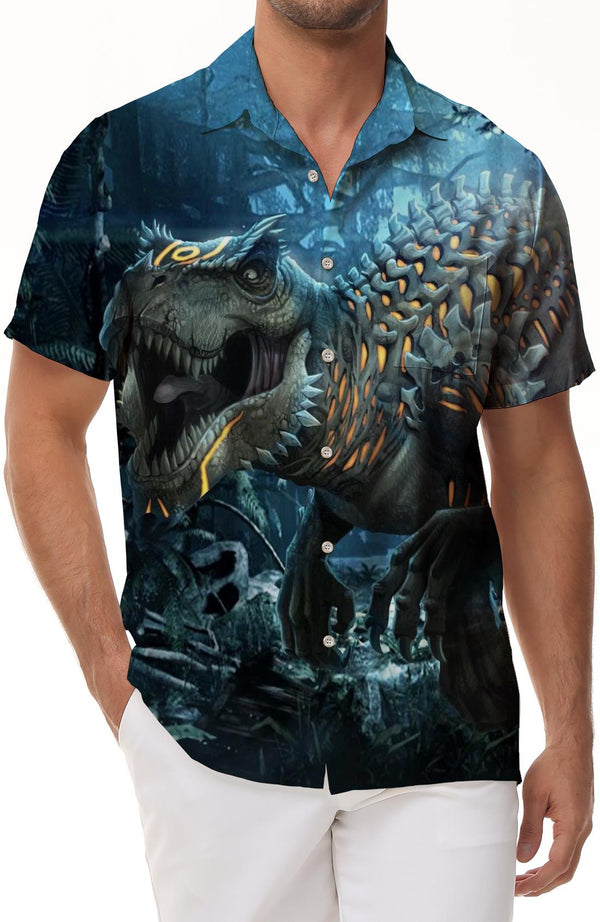 Abstract Ferocious Dinosaur Extinct Animal Men's Casual Button Shirt Short Sleeve Top Summer Hawaiian Button Pocket Short Sleeve Shirt Lapel