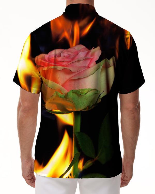 
Rose pink flame men's 3D digital printing street casual fashion summer versatile lapel casual short-sleeved shirt men's
                