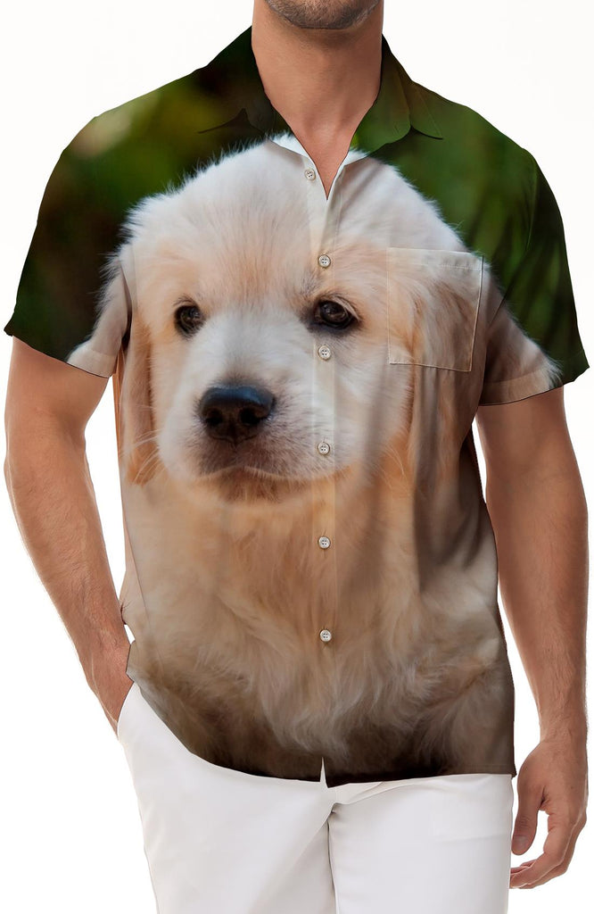 Golden Retriever Puppy 3D Digital Print Pattern Tropical Hawaiian Retro Style Men's Loose Casual Button Lapel Summer Beach Shirt