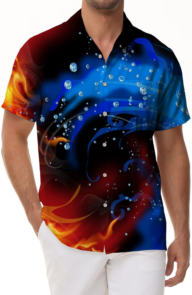 Water and Fire Printed Short Sleeve Hawaiian Casual Shirt Fashion Beach Vacation Lapel Summer Button Shirt Tops