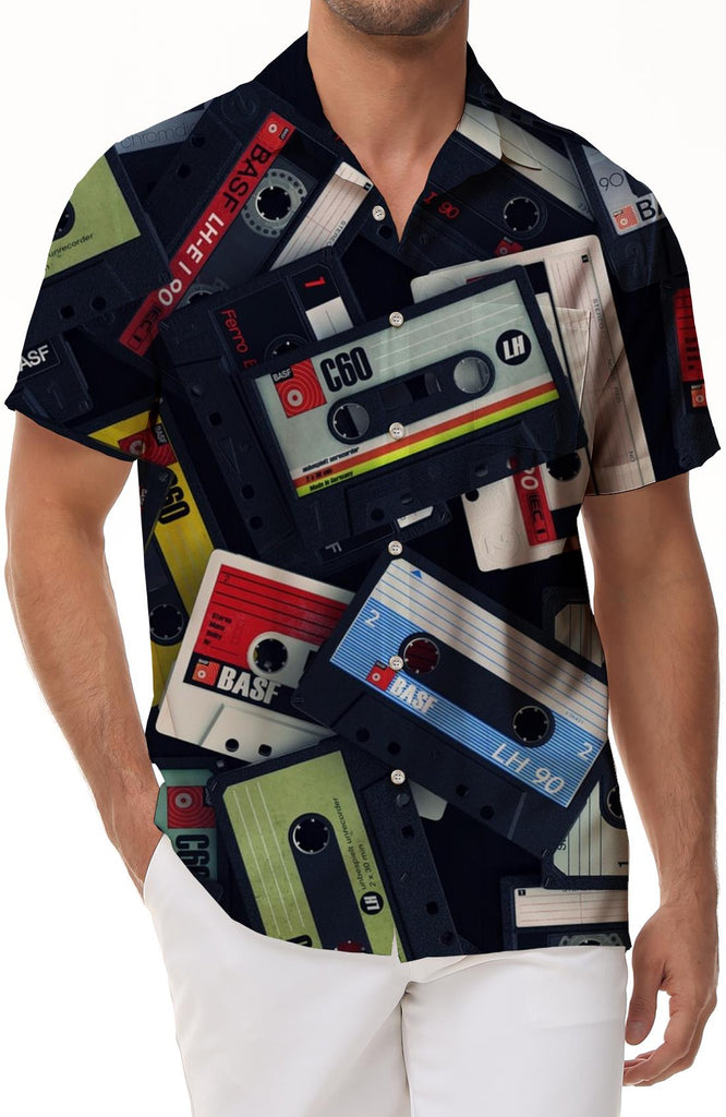 With music tape digital printing 3d men's casual daily travel short-sleeved shirt tropical rainforest fashion Hawaiian short-sleeved shirt tape