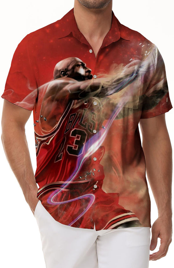 Sports basketball competition red short-sleeved shirt beach seaside Hawaiian short-sleeved shirt button lapel 3d printed pattern casual daily travel men