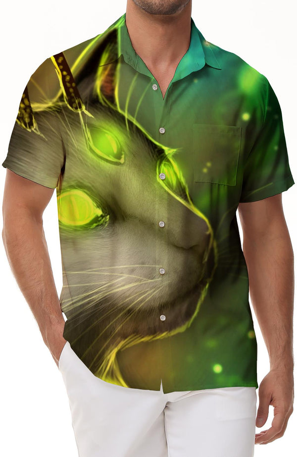 Cat Zombie Cool Burning Eyes Men's Casual Button Shirt Short Sleeve Tops Hawaiian Four Seasons Short Sleeve Shirt Tropical
