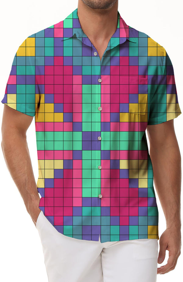 Tropical Hawaiian geometric men's loose seaside vacation comfortable breathable fashion short-sleeved shirt