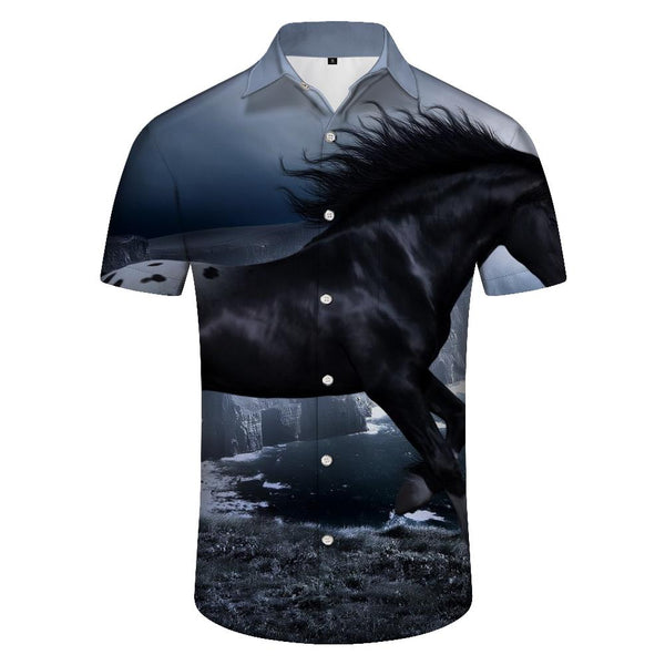 
Fashion Pattern Men's Short Sleeve Clothing 3D Hawaiian Button Lapel Black Horse Fun Fashion Popular Short Sleeve Shirt
                