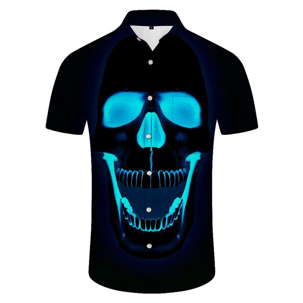 
Blue light funny 3d skull print Tropical summer men's short-sleeved shirt button lapel pocket short-sleeved shirt Hawaii
                