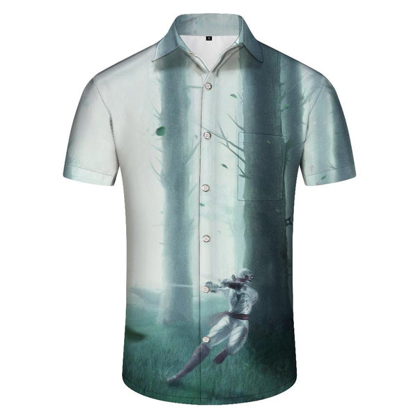 
3D Fencing Character Printed Summer Shirt Loose Short Sleeve Fashion Shirt Lapel Button Beach Shirt White
                