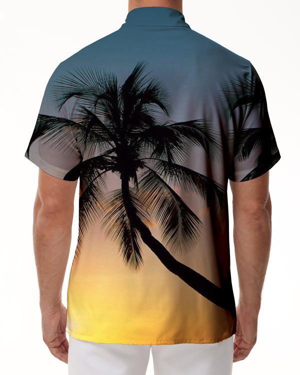 
Coconut tree leaves in the sunset Hawaii tropical four seasons seaside beach shirt summer casual short-sleeved button beach vacation wear
                
