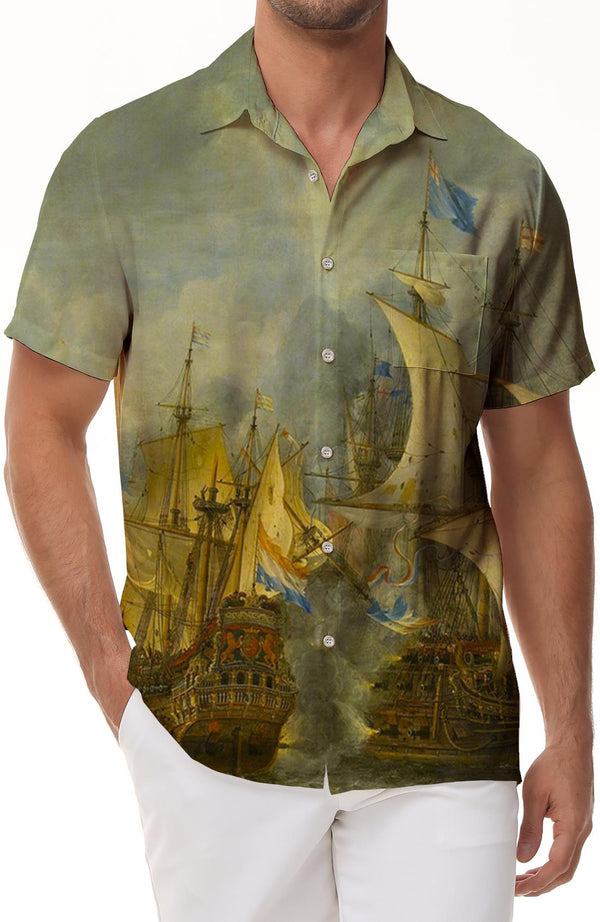 Retro Oil Painting Tang Dynasty Sailing Boat Men's Cuban Collar Shirt Casual Button Shirt Short Sleeve Holiday Beach