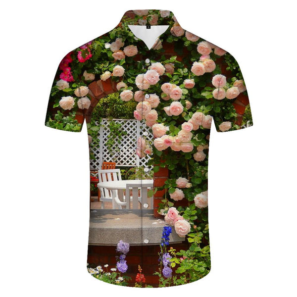 
Pink rose flower style pattern tropical Hawaiian button-down lapel pockets men's casual daily loose short sleeves
                