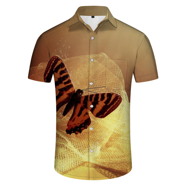 
Gauze graceful butterfly four seasons comfortable short-sleeved retro shirt brown men's casual daily outing short-sleeved shirt
                