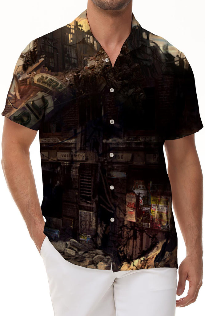 War destroyed house tropical summer short sleeve shirt Hawaiian button down lapel men's casual short sleeve pocket