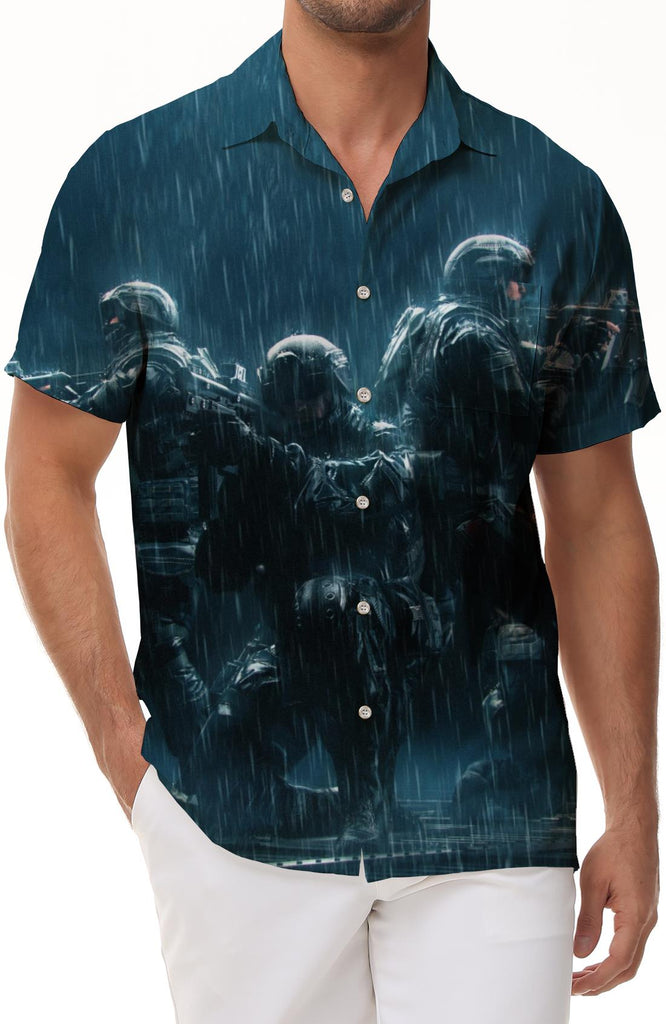 Explorer meets monster in the forest men's Hawaiian shirt casual button down lapel top summer