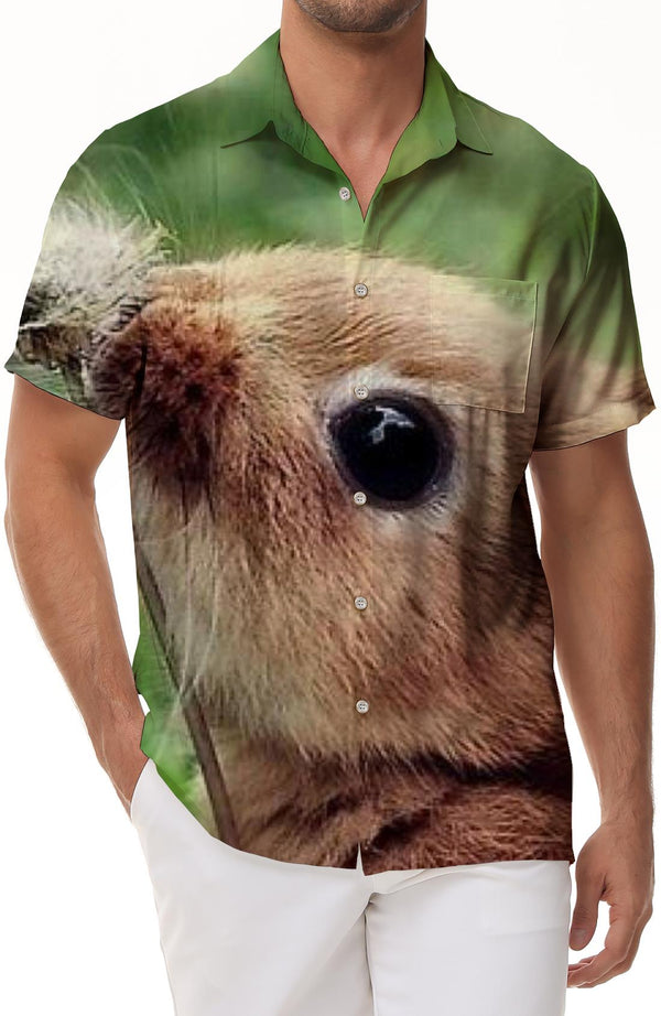 Cute furry rabbit animal men's casual loose short sleeve shirt tropical summer Hawaiian tropical pocket lapel button-down top