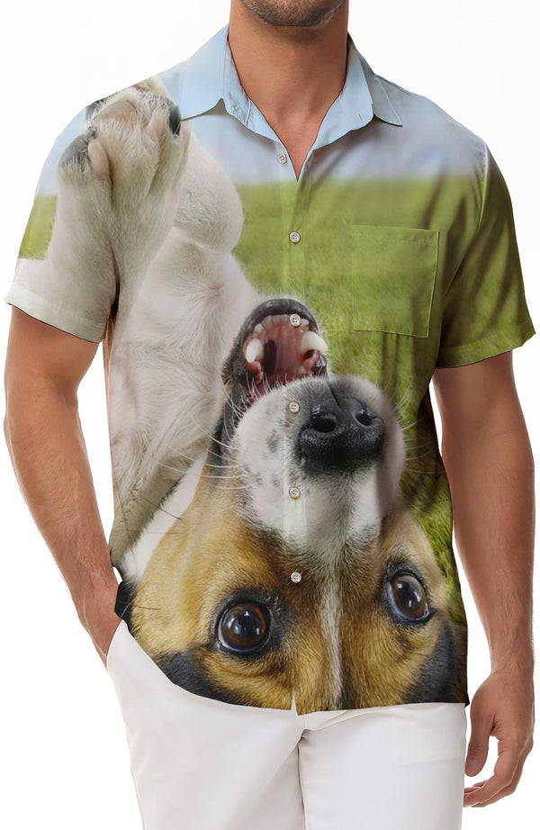 Funny puppy print men's casual loose tropical Hawaiian shirt button-down short sleeve shirt suitable for vacation beach