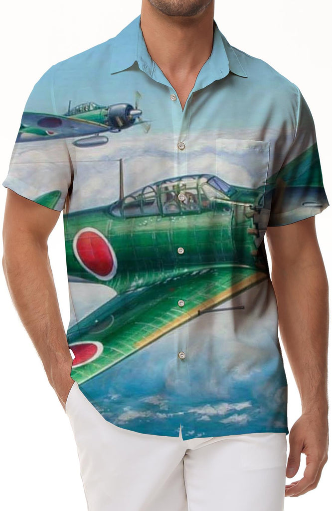 Japanese green fighters bombing Hawaii, USA Men's casual loose short-sleeved shirt comfortable and fashionable shirt