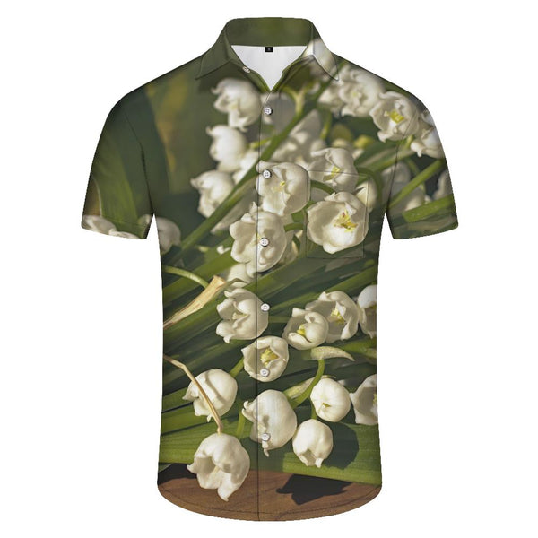 
White lily of the valley men's hip-hop fashion breathable button-down daily travel vacation beach seaside short-sleeved shirt hot wind four seasons Hawaiian short-sleeved shirt digital printing
                