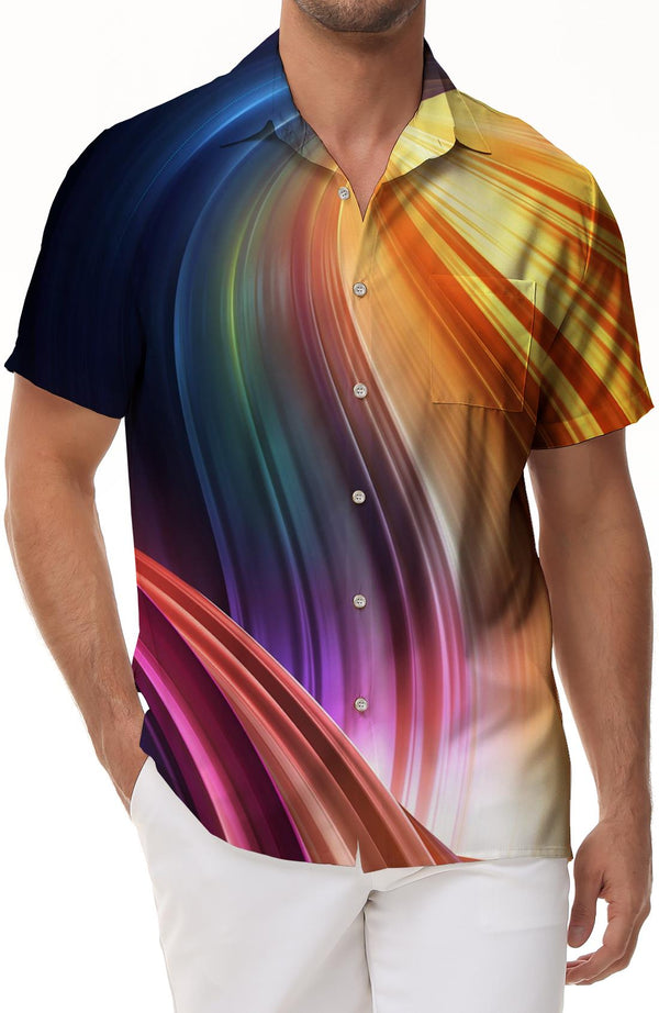 Rainbow Gorgeous Outdoor Loose Menswear Tropical Hawaiian Button Shirt Short Sleeve Beachwear 3d Abstract Geometric Print Pattern