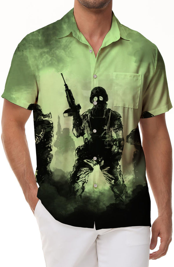 Green Gas Army Men's Casual Everyday Tropical Hawaiian Button Down Shirt Polyester Beach Shirt