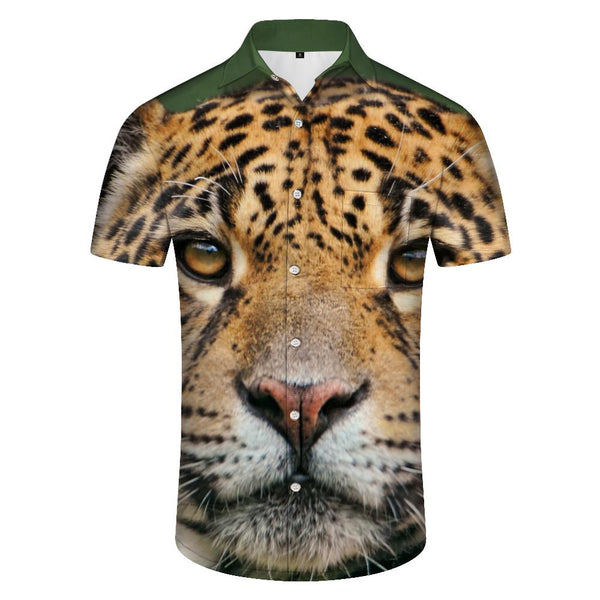 
Angry and cute leopard print men's loose short sleeve regular style breathable Hawaiian button pocket tops beach clothing
                