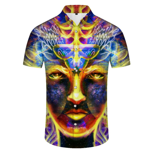 
Buddha statue colorful 3D print pattern Hawaiian button pocket lapel tropical four seasons men's casual loose travel seaside beach clothing
                