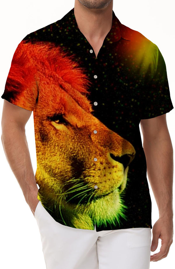 Rastafa Color Lion Jungle Black Men's Shirt Short Sleeve Printed Short Sleeve Regular Fit Shirt Lapel Casual Top