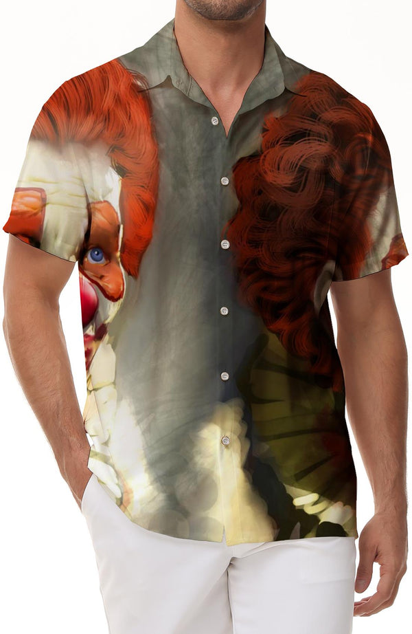 European and American art style print pattern Hawaiian men's casual button loose pocket daily lapel short-sleeved shirt polyester