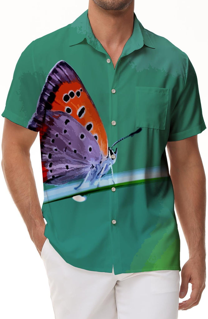 Light green tree butterfly summer personality men's street shirt short sleeve casual summer beach wear