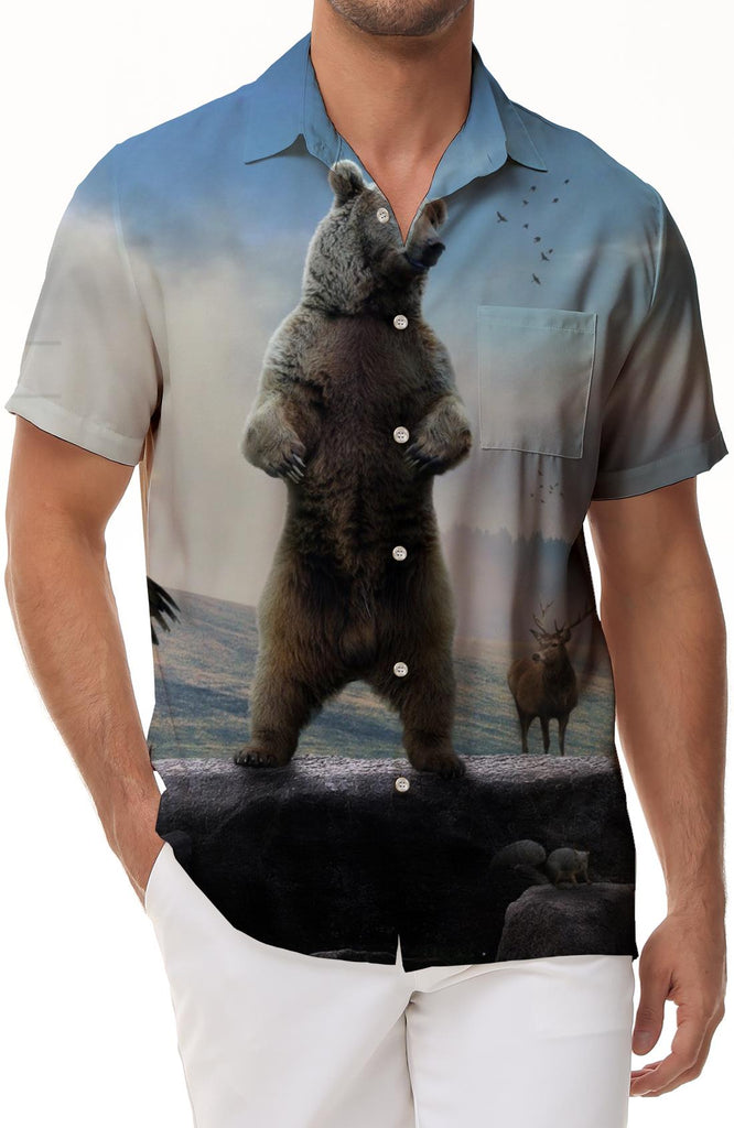 Animal Brown Bear 3D Printing Cool Fun Short Sleeve Shirt Men Trendy Streetwear Casual Fashion Hawaii