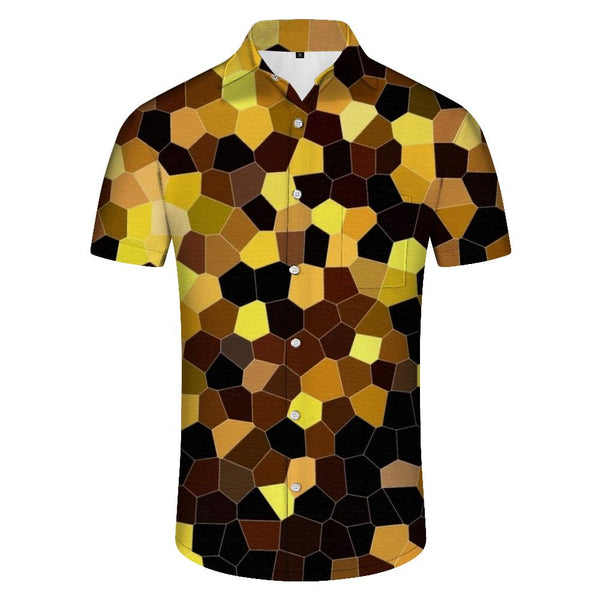 
Gold Bright Leather Pocket Shirt Loose Tops Men's Short Sleeve Classic Print Lapel Short Sleeve Button Shirt Summer
                