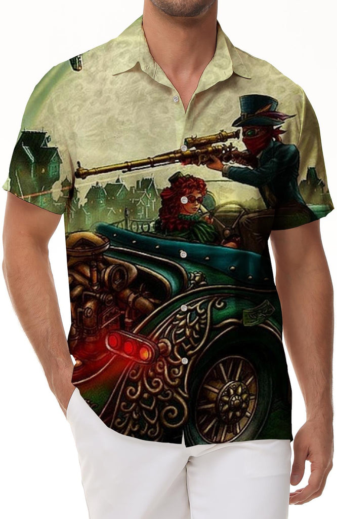 Retro Oil Painting Cartoon Men's Hawaiian Shirt Lapel Tropical 3D Printed Short Sleeve Top Casual Beach Shirt Green