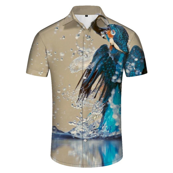 
Blue cute water kingfisher bird men's casual loose short sleeve button shirt casual Hawaiian shirt comfortable
                