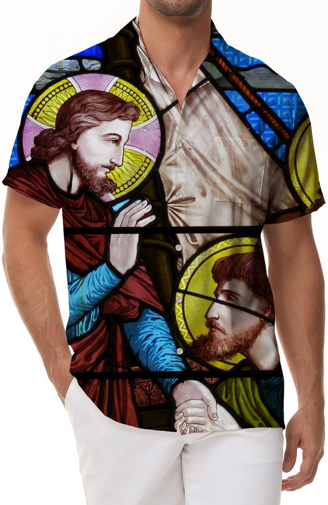 Jesus 3D Printed Graphic Hawaiian Shirt Mens Casual and Eternal God Reign Stained Glass Clothing
