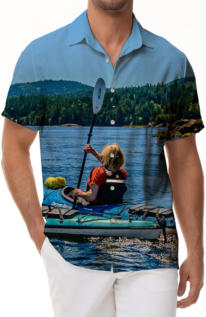 Natural environment sports kayaking men's outdoor street casual style Hawaiian tropical short-sleeved shirt trend