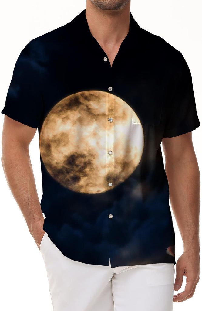 Night yellow moon fashion breathable and comfortable men's short-sleeved shirt Hawaiian button lapel pocket short-sleeved shirt top trend