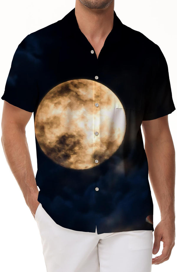 Night yellow moon fashion breathable and comfortable men's short-sleeved shirt Hawaiian button lapel pocket short-sleeved shirt top trend