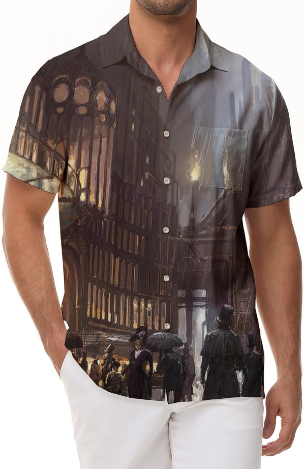 Spanish street art oil painting prints ah men's casual button-down short-sleeved retro Hawaiian shirt tropical rainforest clothing