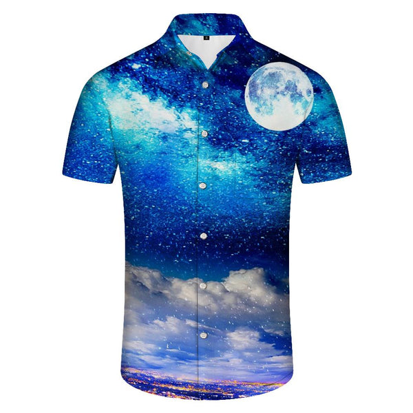 
Blue night scenery men's casual short-sleeved four seasons lapel 3D printed shirt fashion tops shirt short sleeves
                