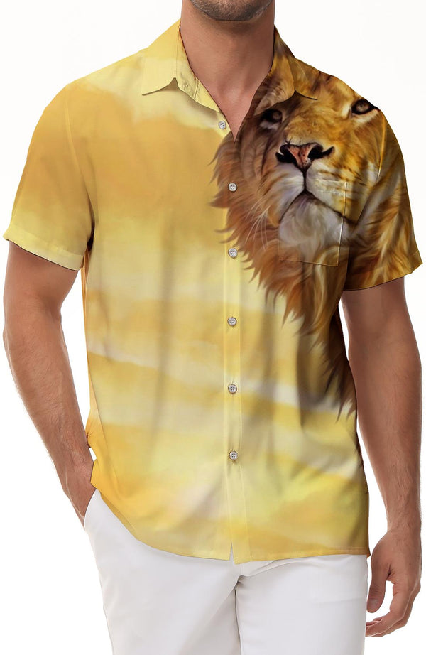 Gold Wildlife King Lion Men's Short Sleeve Shirt Casual Button Summer Beach Shirt Regular Fit Tops