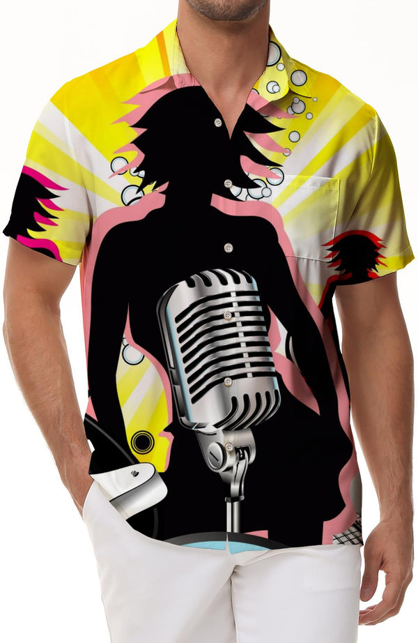 Microphone with musical notes men's casual shirt short sleeve regular style fashion camping beach shirt tops